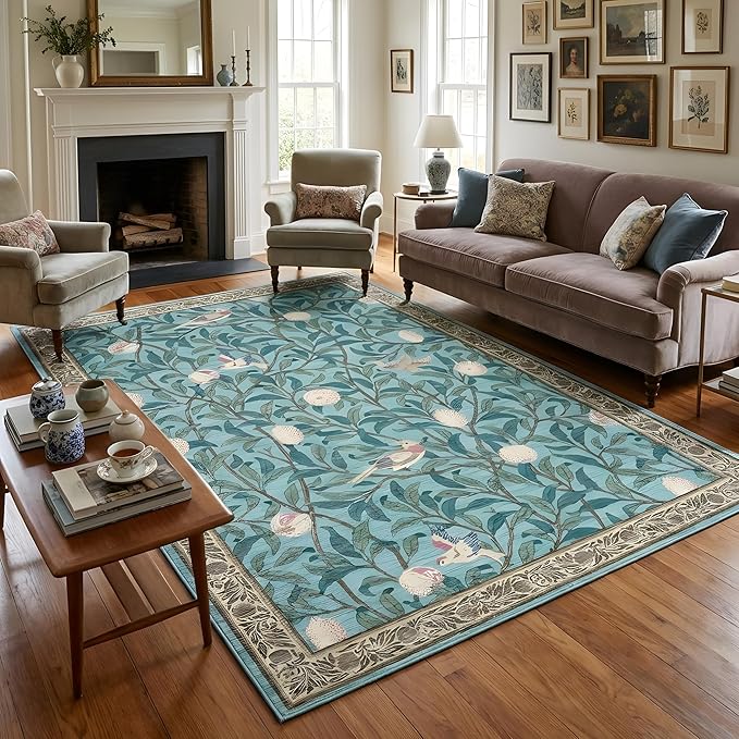 GarveeHome Boho Leaf Rugs for Bedroom, 5x7 Area Rugs for Living Room with Soft Low Pile, Non Slip Botanical Bird 5x7 Washable Rug for Dining Stain Resistant Indoor Blue Carpet for Playroom Dorm