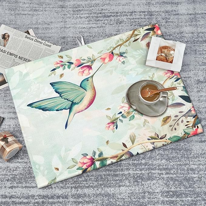 Hummingbird Flowers Dish Drying Mat 18x24 Inch, Microfiber Absorbent Fast Dry Mat Large Dish Mat Drying Kitchen Mat, Kitchen Drying Pad for Kitchen Counter Coffee Bar Decor Gifts