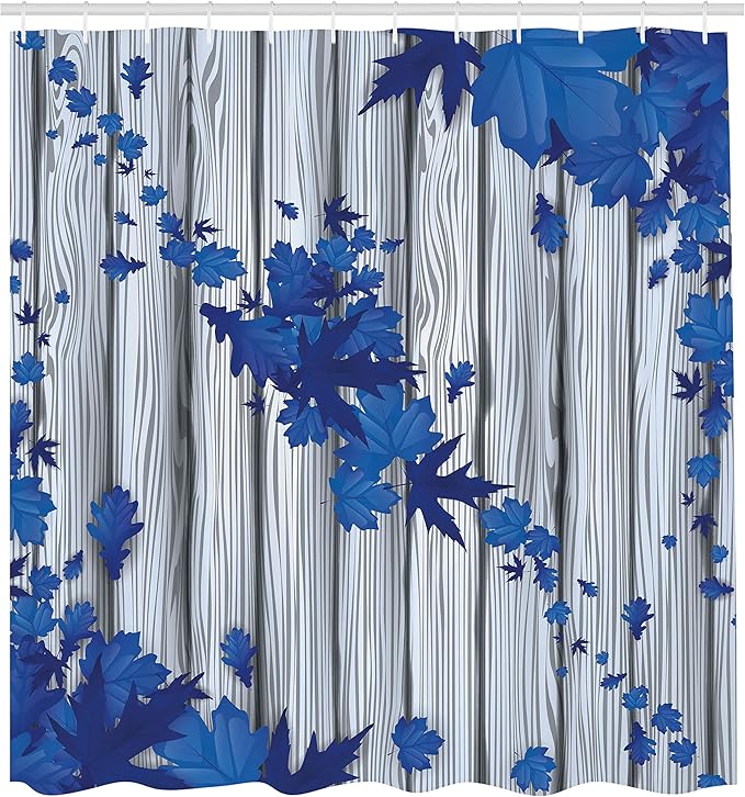 Ambesonne Autumn Shower Curtain, Fall Maple Leafs Tree Diagonal Leaves Foliage Rustic Wooden Planks Illustration, Cloth Fabric Bathroom Decor Set with Hooks, 69" W x 84" L, Cobalt Blue