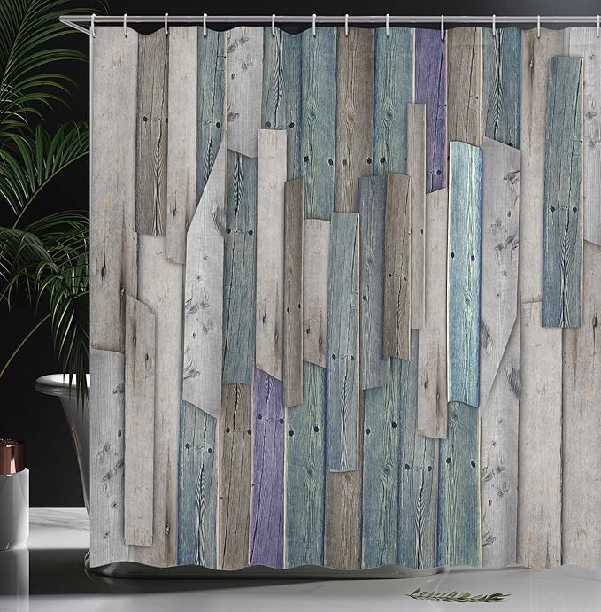 Ambesonne Rustic Shower Curtain, Vintage Wood Barn House Door Nail Country Themed Art, Cloth Fabric for Bathroom Farmhouse Bathroom Decor Essentials Set with Hooks, 69" W x 70" L, Umber Pale Teal Plum
