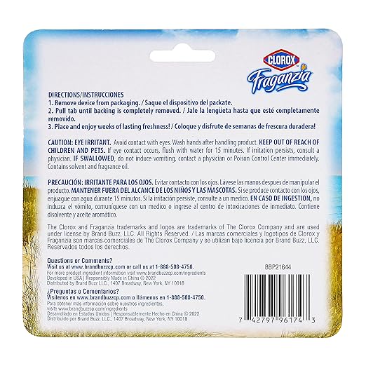 Clorox Fraganzia Small Rooms Air Freshener, Fresh Ocean Breeze - Peel & Place Air Freshener, No-Plug, Battery-Free for Closets, Laundry Room, Entry Way, Bathroom, Locker, 0.25 Fl Oz Each, 2 Count