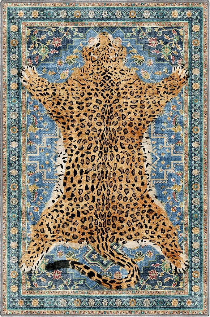 Bavni 2x3 Leopard Rug, Machine Washable Cheetah Door Mat,Soft Animal Small Boho Rugs Non Slip Low Pile Non-Shedding Throw Indoor Print Woodland Jungle Carpet for Entryway Front Door Bathroom,Blue