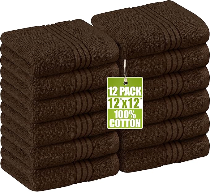 Utopia Towels Wash Cloths Set, 12 by 12 Inches, 100% Cotton Ring Spun, Highly Absorbent and Soft Feel Washcloths for Bathroom, Spa, Gym, and Face, 12 Pack Dark Brown