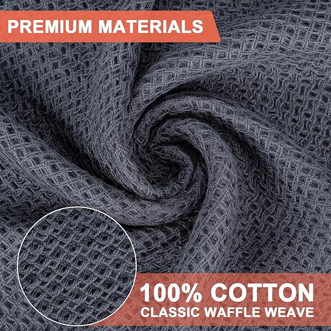 BOOMIBOO 4-Pack Dish Towels, 100% Cotton Waffle Weave, Ultra Soft Absorbent, Quick Drying, Grey, 13x28 Inches