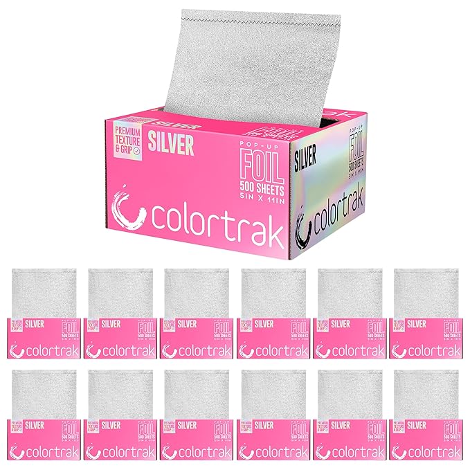 Colortrak Embossed Sheets Silver Aluminum Foil Pop-up Dispenser, 12 Boxes (6000 Pre-cut Sheets) Non-slip Textured Silver 5 x 11 Sheets for Hair Foil Coloring and Highlighting Sheet Applications