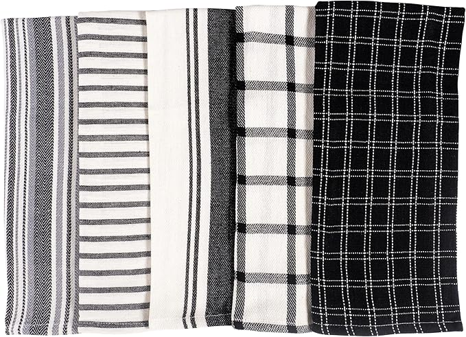 KAF Home Assorted Flat Kitchen Towels |100% Cotton - 18 x 28 inches | Ultra Absorbent Soft Dish Towels | Perfect for Cooking, Cleaning, and Drying Hands (Black, 18 x 28-10 Pack)
