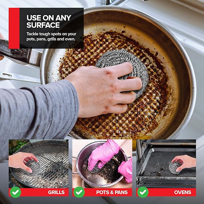 Stainless Steel Scrubber (12 Pack) Stainless Steel Wool Scrubber Sponge for Cleaning Dishes, Cast Iron Pots and Pans, Grills and Appliances, Heavy Duty Stainless Steel Scouring Pad for Tough Residue