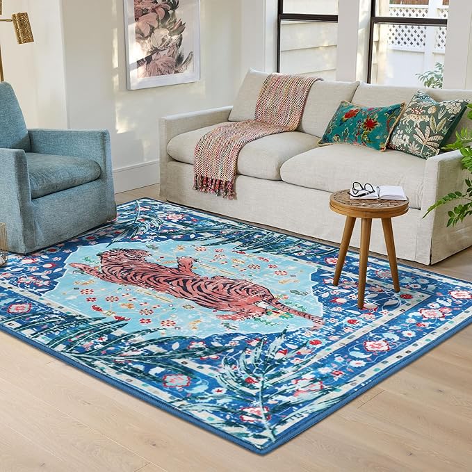 2x3 FT Leopard Rug for Living Room Vintage Animal Rug Aesthetic Rugs for Girls Room Nursery Bedroom Home Office Dorm Thin Bright Blue Carpet (Blue, 2X3 FT)