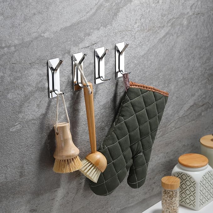 YIGII Adhesive Hooks -4 Packs Wall Hooks for Hanging Towels, Clothes, Robes Stick On Towel Hooks No Drill for Bathrooms Kitchen Stainless Steel