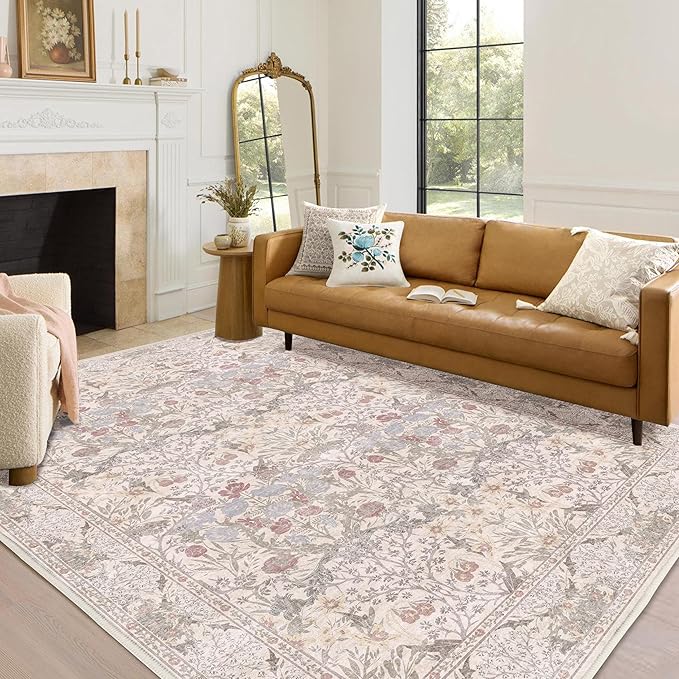 6x9 Floral Living Room Rug: Vintage Beige Washable Rug Floral Soft Carpet Indoor Floor Non-Slip Boho Stain Resistant Large Carpets for Bedroom Kids Nursery Dining Room Farmhouse Home Office