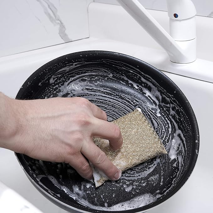Gold and Silver Kitchen Sponge Scrubber, Heavy Duty Metallic Sink, Pot, Dish Washing Scrubber Non-Scratch, Non-Metal, Kosher Sponge, Pack of 4 (Superio)