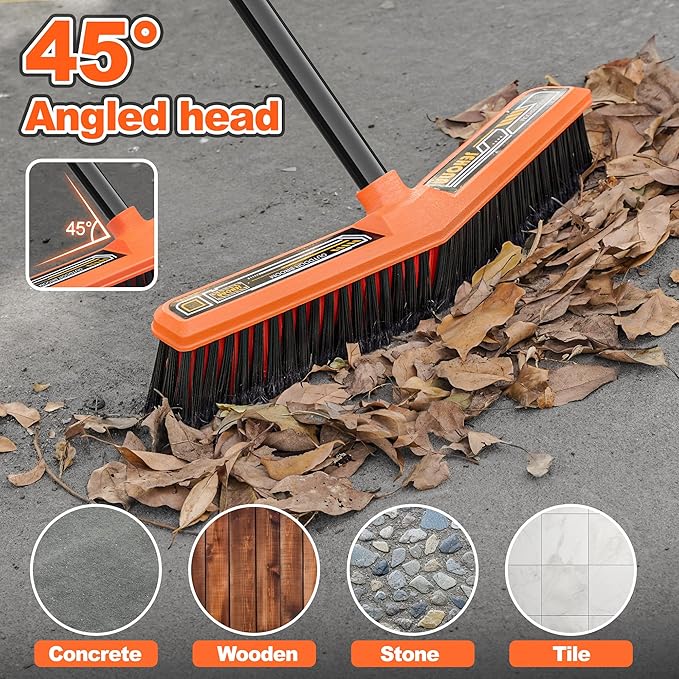 JEHONN Push Broom Outdoor Heavy Duty, 15.7 inches V-Shaped Stiff Bristle Commercial Industrial Brush with 61” Long Handle for Garage Warehouse Shop Garden Patio Driveway Yard Street Deck (Orange)