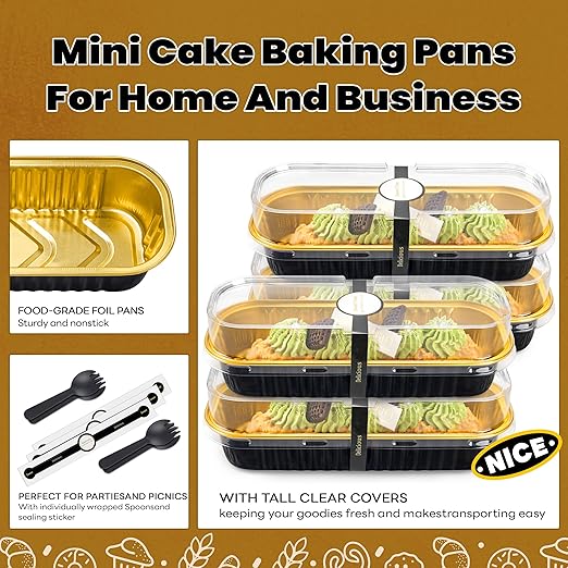 50 Pack Mini Cake Pans with Lids and Spoons Black Gold Rectangular Aluminum Foil Baking Pans Mini Cheesecake Containers(6.8oz)