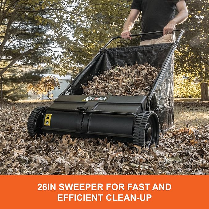 Agri-Fab 45-0218 " 26" Push Behind Lawn Sweeper, 7 cu. ft Hopper Bag Capacity; Leaf & Grass Catcher, with Adjustable Brush Height