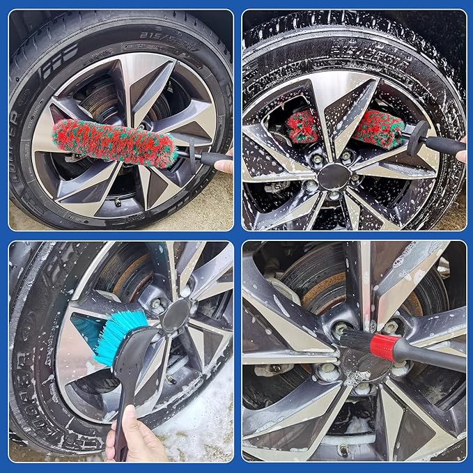 4 Pack Car Wheel and Tire Cleaner Brushes Kit Auto Motorcycle Rim Hub Ultra Soft Microfiber No Spatter Bendable Woolies Bristle Cleaning Set