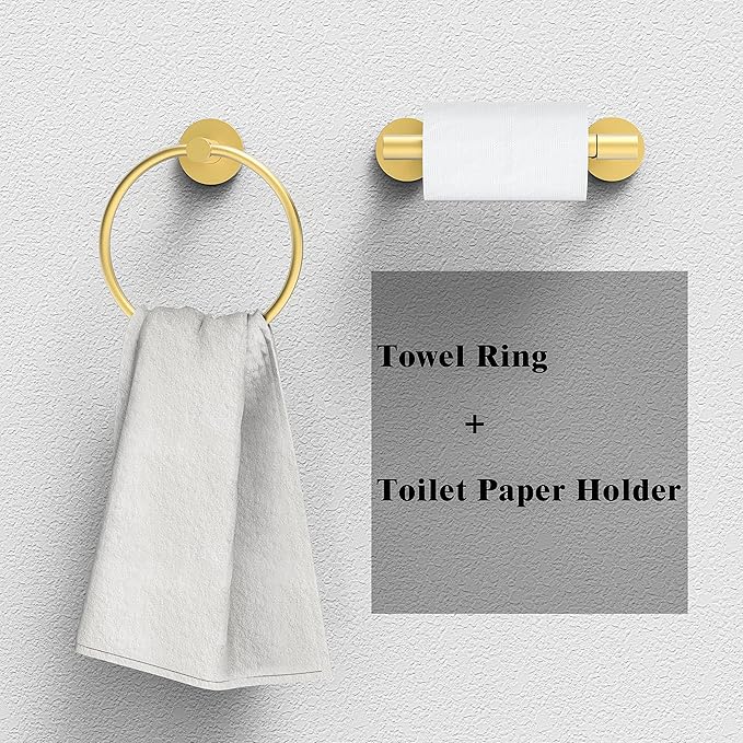 Gold Toilet Paper Holder & Towel Ring SUS304 Stainless Steel 2pc Bathroom Hardware Set with Double Post Pivoting Toilet Paper Roll Holder Wall Mount & Bathroom Towel Holder Set