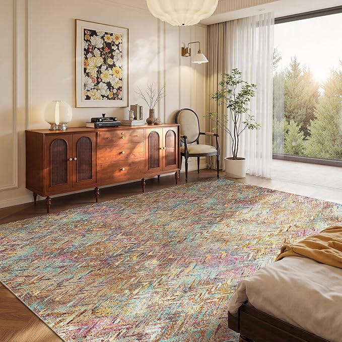 5x7 Washable Area Rugs for Bedroom & Living Room - Floral Boho Vintage Rug,Soft & Non-Slip,Low Pile Wool Carpet for Indoor Dining Room,Girls Room,Nursery Room and Kids Room(Boho Multi)