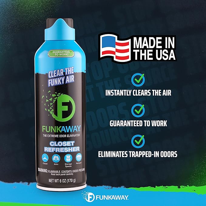 FunkAway Extreme Odor Eliminating Closet Refresher AeroSpray, 6 oz., Odor Eliminating Spray Removes Musty, Stuffy, Sweaty and Stinky Airborne Odors
