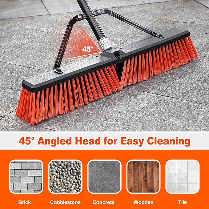 JEHONN 24” Wide Push Broom Outdoor Heavy Duty with 63 inches Long Handle, Stiff Bristle Commercial Industrial Brush for Garage Warehouse Shop Garden Patio Deck Yard Street (Red)