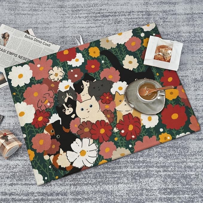 Cute Cat Flowers Dish Drying Mat 18x24 Inch, Microfiber Absorbent Fast Dry Mat Colorful Floral Large Dish Mat Drying Kitchen Mat, Kitchen Drying Pad for Kitchen Counter Coffee Bar Decor Gifts
