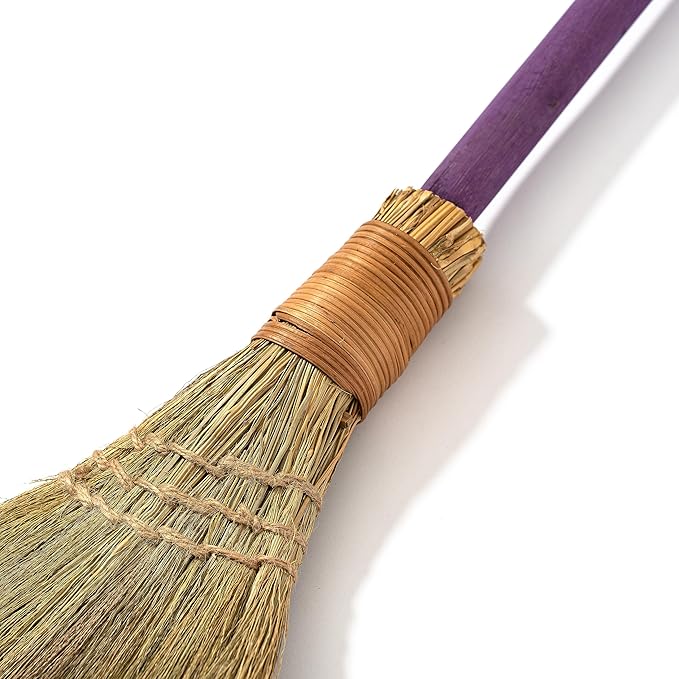 Vietnamese Straw Soft Broom - Sweeping Broom with Purple Wooden Handle for Cleaning, Decoration, Wedding with 45.28inch Length