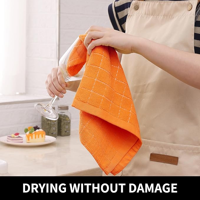 Homaxy 100% Cotton Terry Kitchen Towels(Orange, 13 x 28 inches), Checkered Designed, Soft and Super Absorbent Dish Towels, 6 Pack