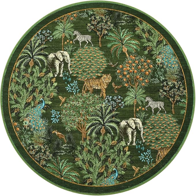 GarveeHome Jungle Round Washable Rugs 4ft Non-Slip Soft Round Rug for Kids Room, Forest Animal Print Tiger Circle Carpet for Bedroom Entryway Playroom Nursery, Dark Green
