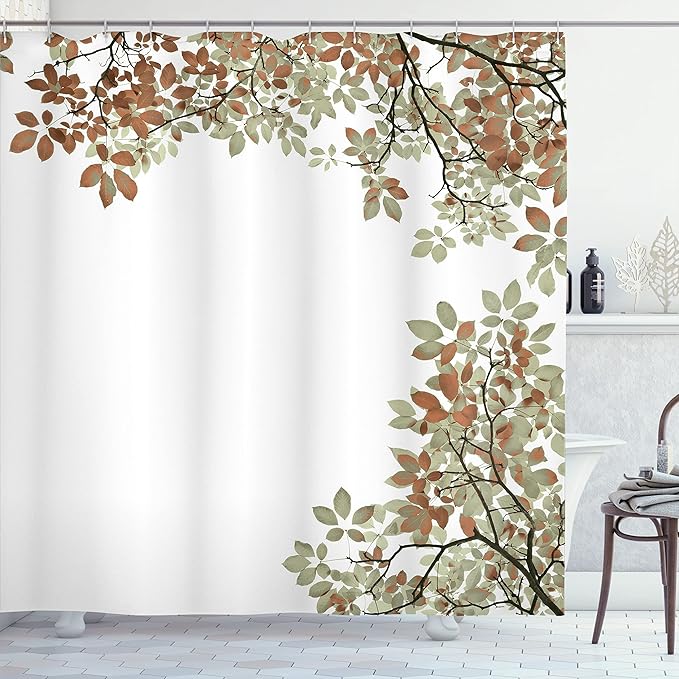 Ambesonne Leaves Shower Curtain, Broad Leaves Close-up Background Autumnal Foliage Shrubs Illustration Print, Cloth Fabric Bathroom Decor Set with Hooks, 69" W x 84" L, Cinnamon and White