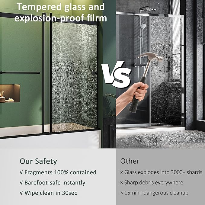 Bathtub Sliding Door, 55"-60" W x 56" H Tub Shower Door, Bathtub Glass Door Bathtub Double Sliding Shower Door Tempered Glass Explosion-Proof Film Stainless Steel Matte Black