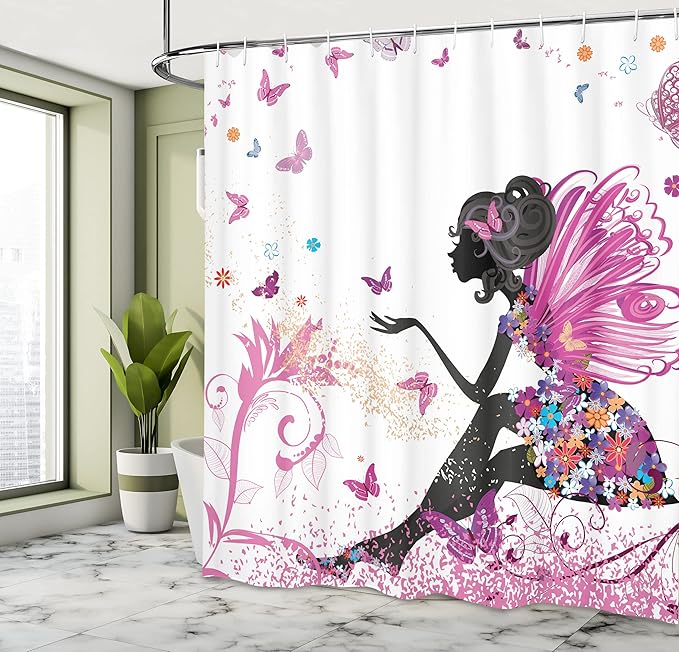 Ambesonne Fantasy Shower Curtain, Spring Girl Wings in a Floral Dress Surreal Garden Butterflies Print, Cloth Fabric Bathroom Decor Set with Hooks, 69" W x 75" L, Pastel Pink