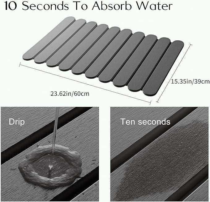 24"×16" Grey Stone Dish Drying Mats for Kitchen Counter, Large Quick Dry Collapsible Eco-Friendly Super Absorbent Diatomaceous Earth Heat-resistant Mat for Dishes Bottles Cups, Match Any Countertop