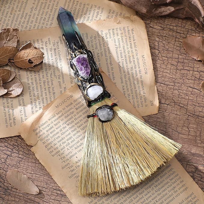 Witchcraft Supplies Witches Broom - Wiccan Decor with Amethyst Clusters Altar Supplies with Fluorite Natural Healing Crystals Hexagonal Points Pagan Decor Reiki Energy Clearing Crafts