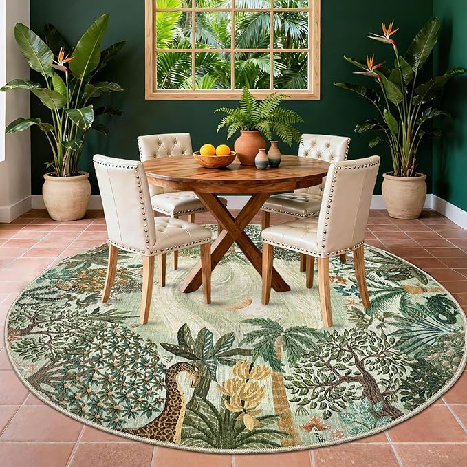 GarveeHome Round Area Rugs 5ft for Bedroom, Green Jungle Washable Circle Rug Soft Non Slip Forest Animal Print Floor Mat Tiger Carpet Indoor Thin Rug for Kids Room Dining Room Playroom Nursery