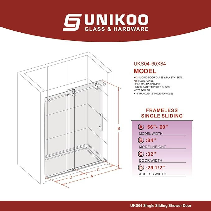 56-60 Inch x 84 Inch Sliding Frameless Shower Door, 3/8" Tempered Glass with Easy-Cleaning Coating, Stainless Steel Rollers & SGCC-Certified Stability, Space Gray