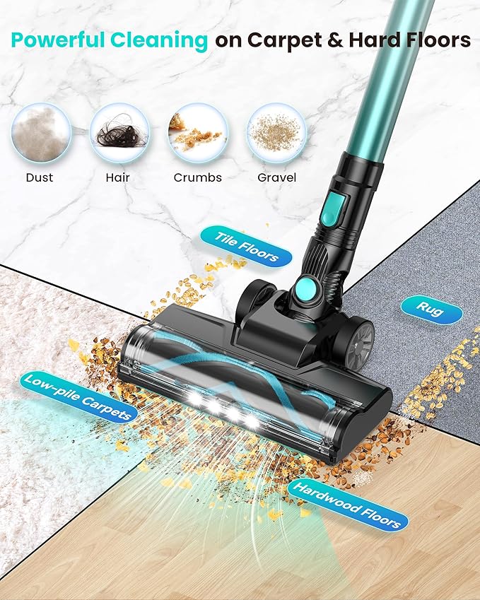 N3T Cordless Vacuum Cleaner,Wireless Stick Vacuum with 40mins Runtime,Self-Standing,Anti-Tangle Brush,Rechargeable Lightweight Vacuum Cleaner for Home,Hardwood Floor,Pet Hair, Carpet-Cyan Green
