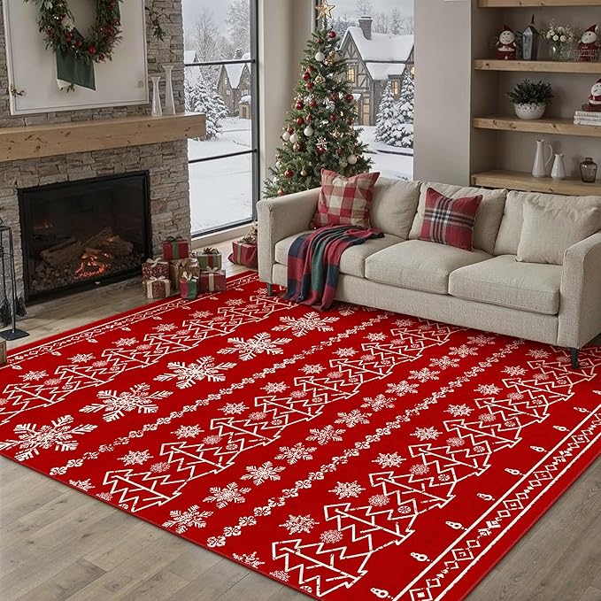 Christmas Area Rug 6x9 Red Washable Living Room Carpet Xmas Snowflake Holiday Decor Indoor Bedroom Throw Rug Decorative Non Slip Soft Low Pile Large Carpet Dining Room Office Nursery