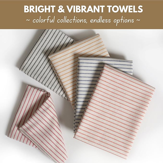 Native Fab 4 Pack Farmhouse Stripe Kitchen Dish Towels Cotton Super Absorbent Quick Drying Reusable 18x26 Inches - Bar Hand Towels, Kitchen Cleaning Towels with Hanging Loop, Milenna Red