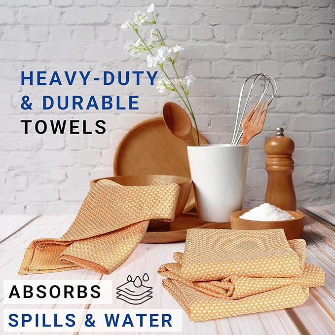 TWINY threads 6-Pack Kitchen Towels, 100% Cotton Dotted Weave, 18x28 Inch, Soft & Absorbent Wash Cloths Set with Hanging Loop, Washable and Reusable Dishcloths for Cooking, Cleaning - Mustard Yellow