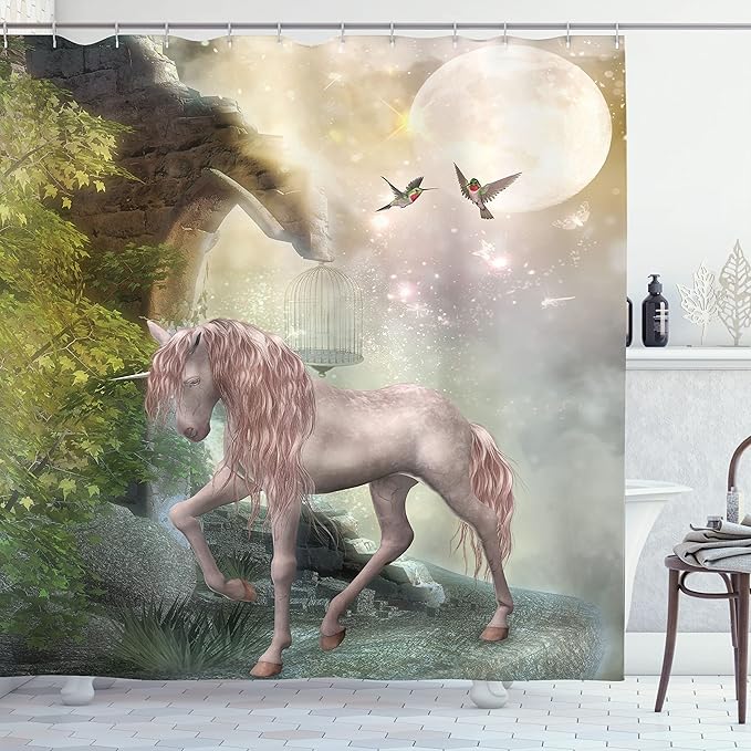 Ambesonne Hummingbirds Shower Curtain, Unicorn Green Spring Leaves Birds Twinkling Star Moon Mystic Fantasy, Cloth Fabric Bathroom Decor Set with Hooks, 69" W x 75" L, Dark Eggshell Fern Green