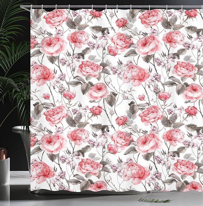 Ambesonne Rose Shower Curtain, Classic Vintage Floral Pattern Watercolor Style Bouquet of English Roses Wildflowers, Cloth Fabric Bathroom Decor Set with Hooks, 69" W x 70" L, Coral Taupe