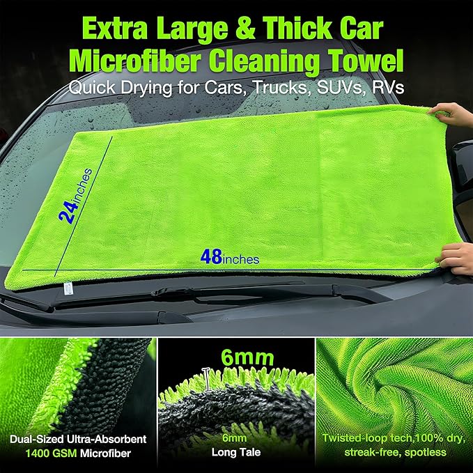 1400 GSM Car Drying Towel-48’’x24’’Extra Large Super Absorbent Twisted-Loop, Non-Streak Microfiber Car Wash Drying Towels Detailing/Cleaning Towels for Cars/Trucks/SUVs