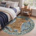 Bavni 4FT Leopard Round Rug, Machine Washable Cheetah Animal Print Low Pile Boho Circle Woodland Jungle Carpet, Non-Slip Non-Shedding Rug for Living Room Playroom Nursery Bedroom Entryway, Blue
