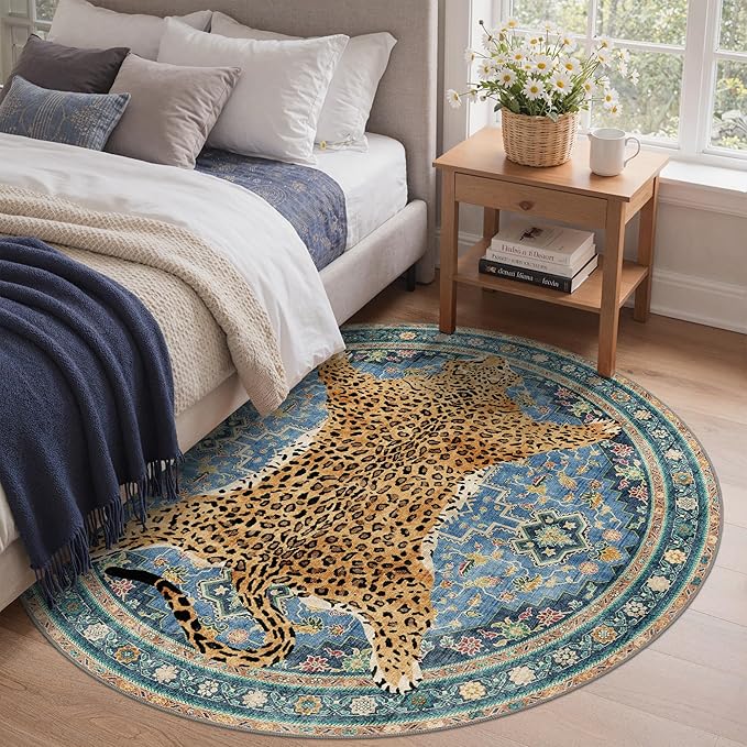 Bavni 4FT Leopard Round Rug, Machine Washable Cheetah Animal Print Low Pile Boho Circle Woodland Jungle Carpet, Non-Slip Non-Shedding Rug for Living Room Playroom Nursery Bedroom Entryway, Blue