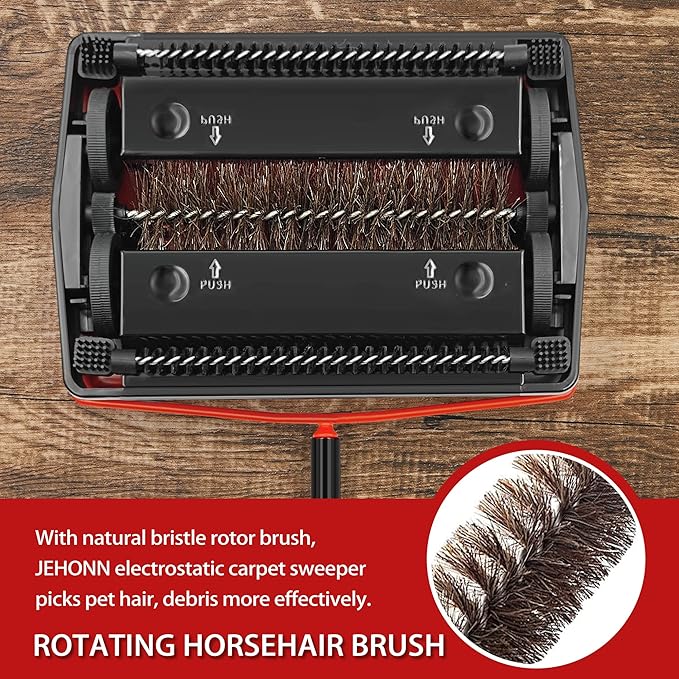 JEHONN Carpet Floor Sweeper Manual with Horsehair, Rotor Brush Heavy Duty for Pet Hair Clean