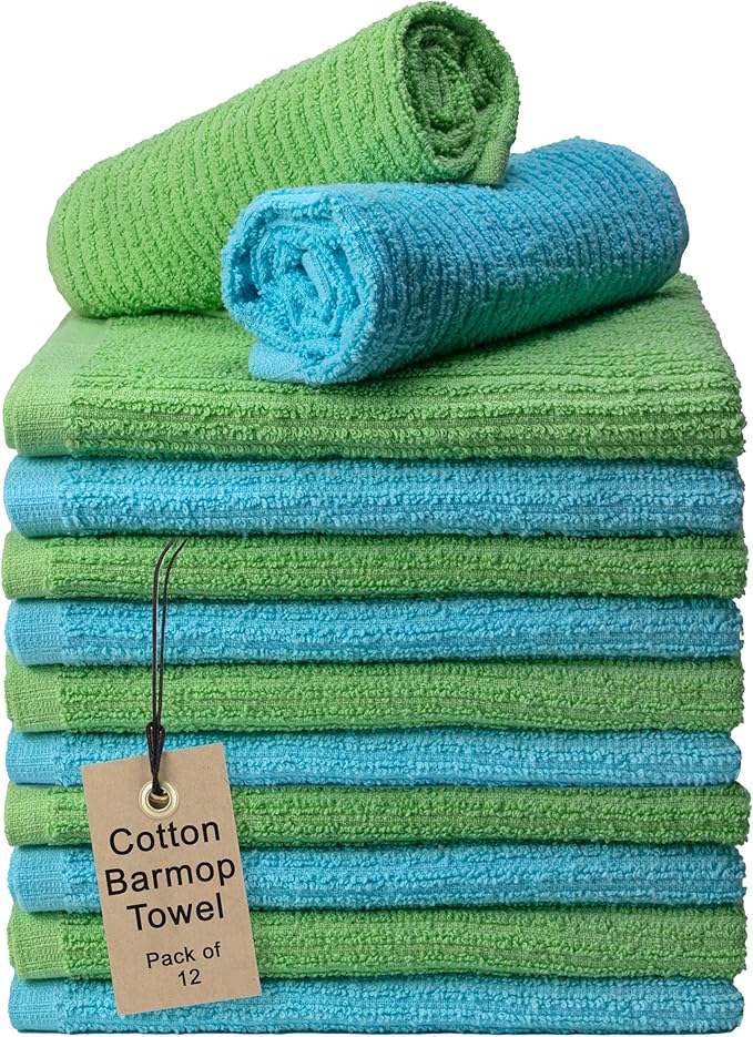 Textila Bar Mop Towels 16x19 Inch – Green - Turquoise – Pack of 12, Cotton Dish Cloths & Cleaning Towels for Kitchen, Bar, Restaurant, Household Use – Absorbent, Durable, Reusable