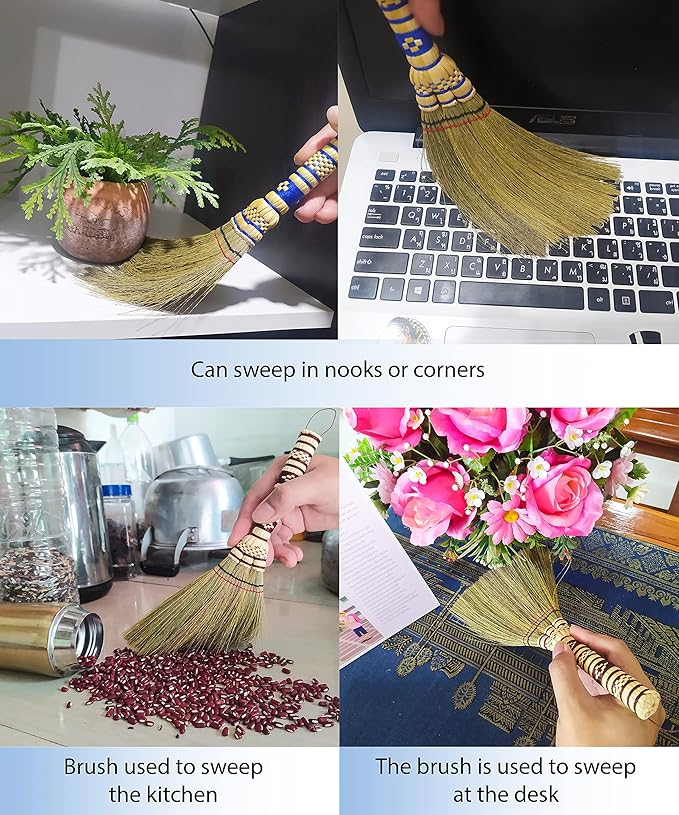 Small Corn Wisk Brush Broom 11 Inch Indoor Heavy Duty Multi Surface Hard & Soft Floor Home Office Cleaning Tool Supplies 100% Handmade for Household Sweeping Indoor Outdoor (staw Soft Broom)