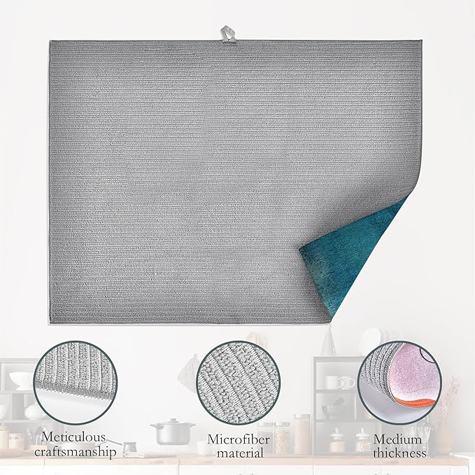 Teal Grey Abstract Art Dish Drying Mat, Drying Rack Pad Countertop Dishes Ultra Absorbent Microfiber Kitchen Counter Mat for Coffee Countertop Decor 18x24 Inch