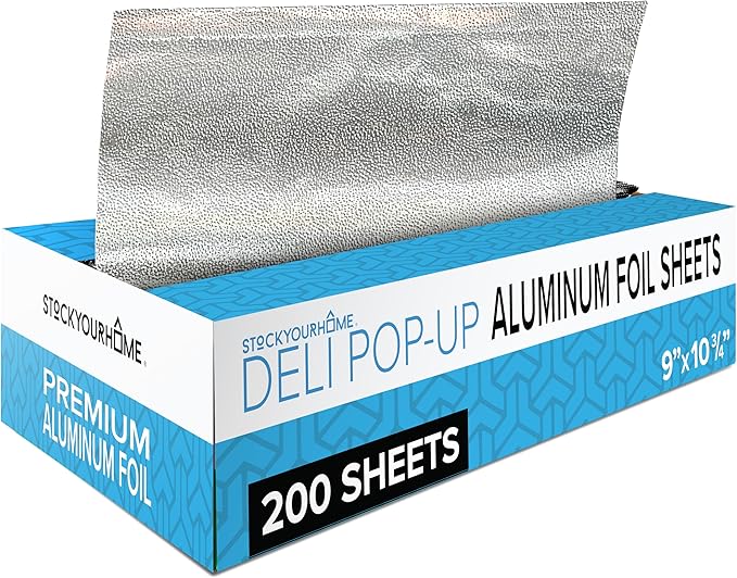 200 Count Pre-Cut Deli Aluminum Foil - 9” Pop Up Sheets for Restaurant, Disposable Food Covers for Burrito, Hot Dog or Sandwich, Stock Your Home, Silver