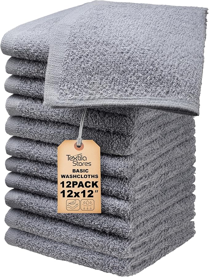 Basic Wash Cloths 12x12 Inches – Pack of 12 – Grey Color – Soft and Absorbent Multipurpose Cotton Washcloths for Bathroom, Spa, Gym, Salon, Hotel, and Everyday Use