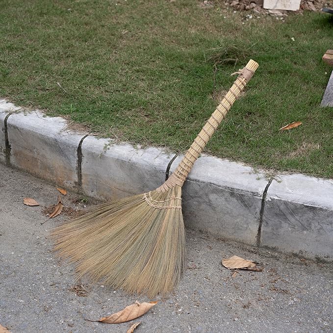 Outdoor Broom for Floor Cleaning, 43.3'' Length Heavy-Duty Natural Grass Broom for Sweeping Concrete Courtyard Garage Patio Indoor Home Kitchen Office Lobby
